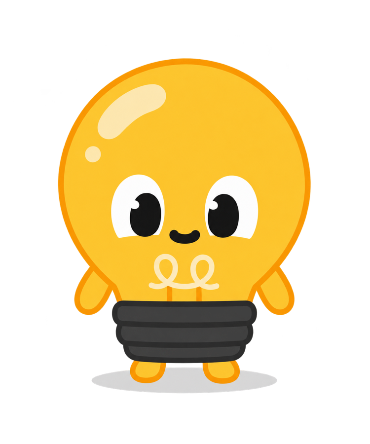 Spark, a smiling lightbulb character, standing in a warm living room